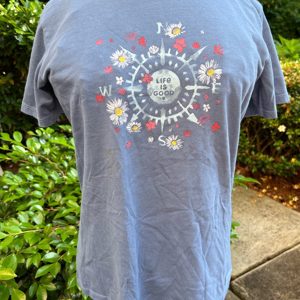 Life Is Good Navy T-Shirt with Compass and Floral Design